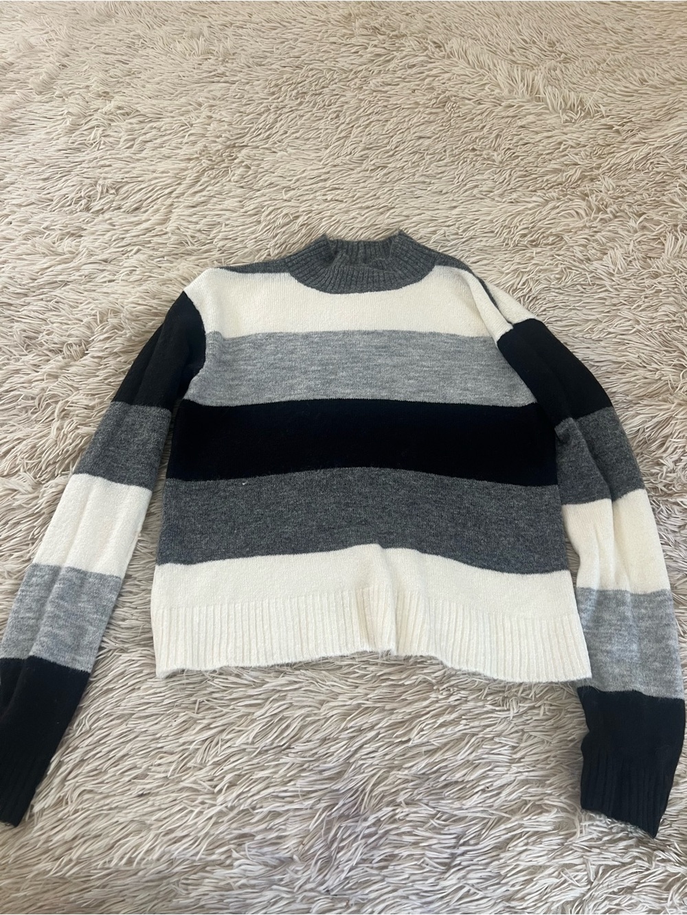 Express Striped Crewneck Sweater in Black, Gray, and White